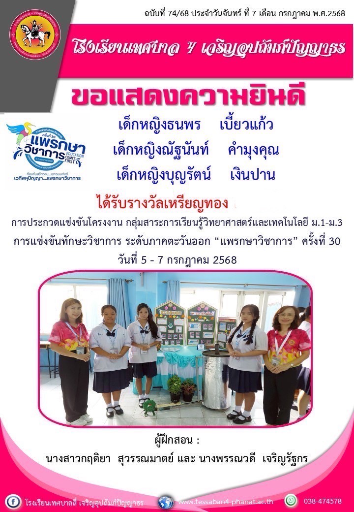 ขอแสดงความยินดีกับนักเรียนและครูที่ได้รับรางวัลการแข่งขันทักษะทางวิชาการ ระดับภาคตะวันออก ครั้งที่ 30  ประจำปี 2568 ณ เทศบาลตำบลแพรกษา จังหวัดสมุทรปราการ