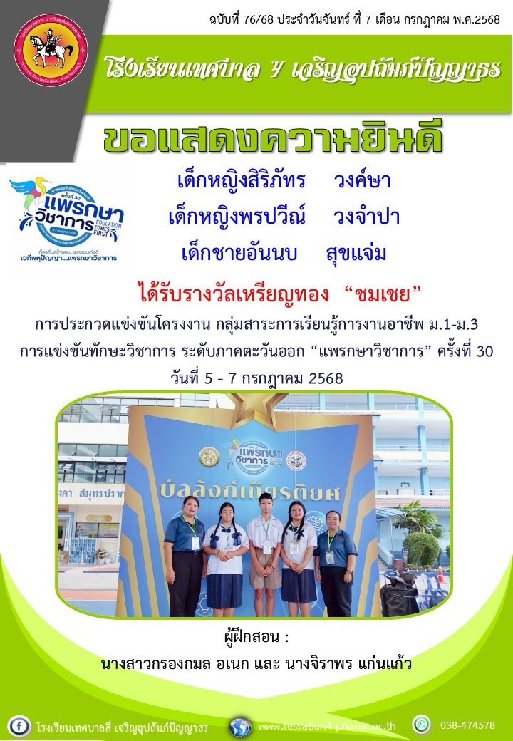 ขอแสดงความยินดีกับนักเรียนและครูที่ได้รับรางวัลการแข่งขันทักษะทางวิชาการ ระดับภาคตะวันออก ครั้งที่ 30  ประจำปี 2568 ณ เทศบาลตำบลแพรกษา จังหวัดสมุทรปราการ